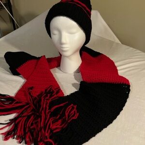 Chic Black and Red Knit Scarf and Hat Set